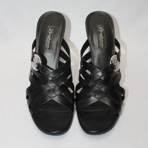 Brighton Black Strappy Slide Heels with Silver Accents